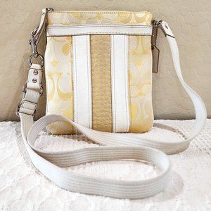 Coach Signature Stripe Yellow C Canvas Logo White Leather Crossbody Purse Bag